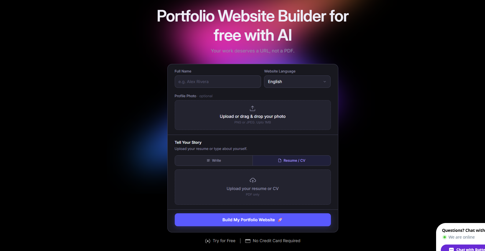 Butternut AI portfolio builder interface