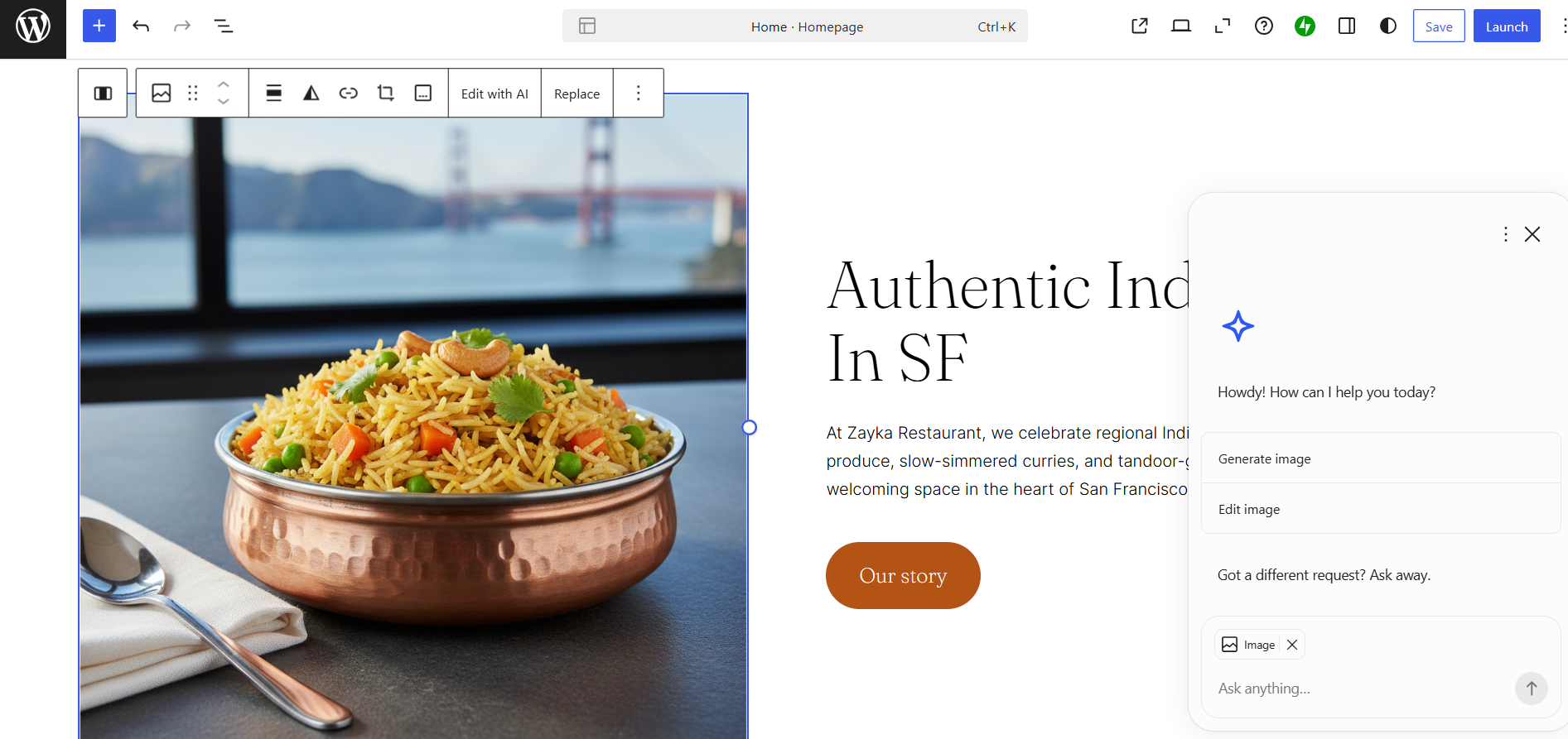 WordPress website builder interface